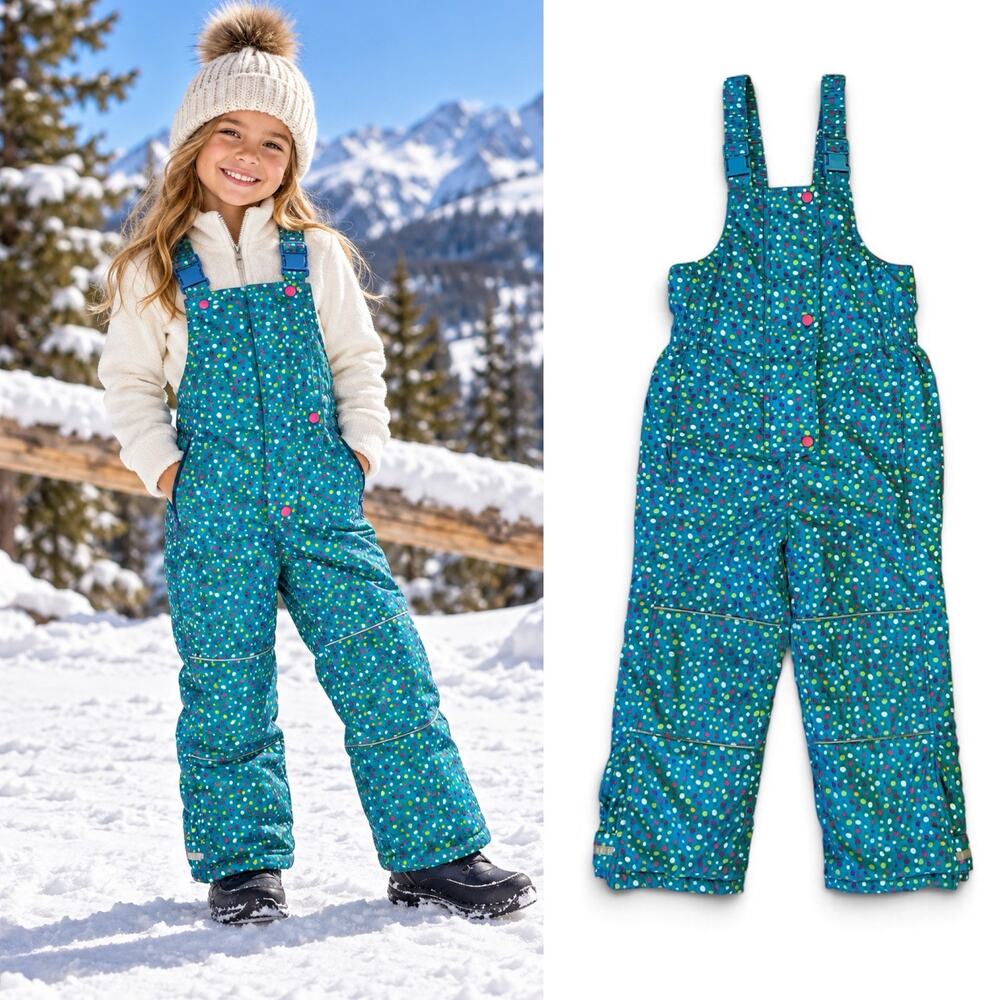 HANNA ANDERSSON KIDS SNOW BIB OVERALLS TEAL POLKA DOT INSULATED SKI PANTS 120